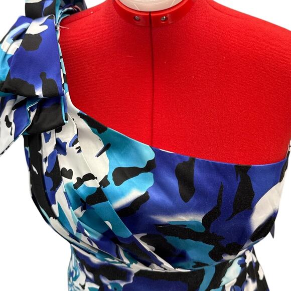 Bisou Bisou Blue Black Floral One Shoulder Wrap Dress Women 16 - Picture 2 of 10